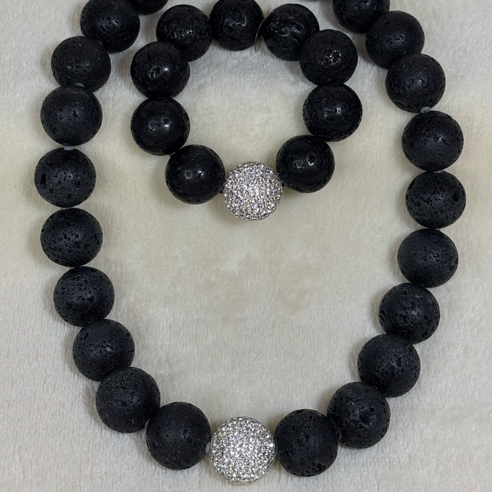 Jumbo Chunky Boho Zen Lava Stone and Crystal Necklace and Bracelet Set